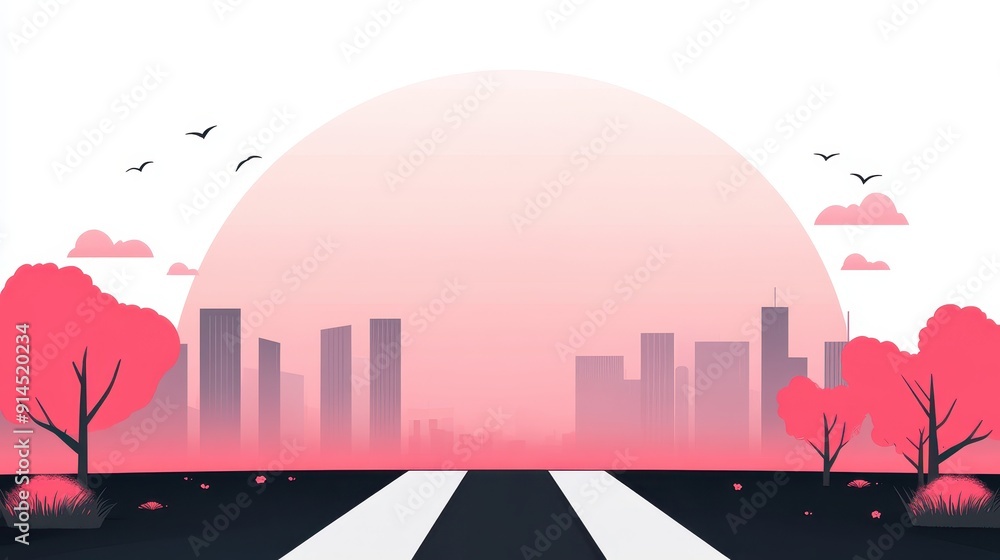 Fototapeta premium Modern Cityscape at Sunset with Silhouetted Skyscrapers and Pink-tinged Sky
