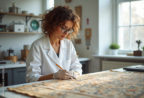 Conservator restoring 18th century French tapestry in laboratory