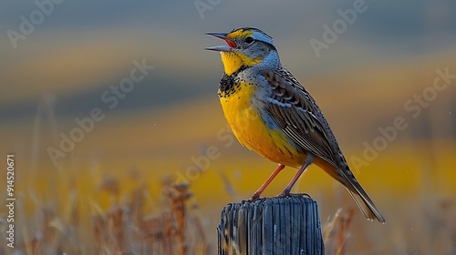 Western Meadowlark Sturnella neglecta perched atop fencepost singing melodious song against backdrop of rolling prairie hill  photo