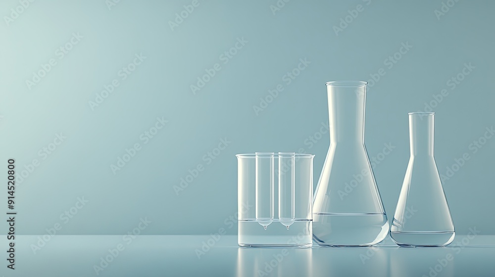 Clear test tubes and flasks filled with liquid are arranged on a table in a laboratory with a calming blue backdrop Clear test tubes and flasks filled with liquid are arranged on a table in a laboratory with a calming blue backdrop