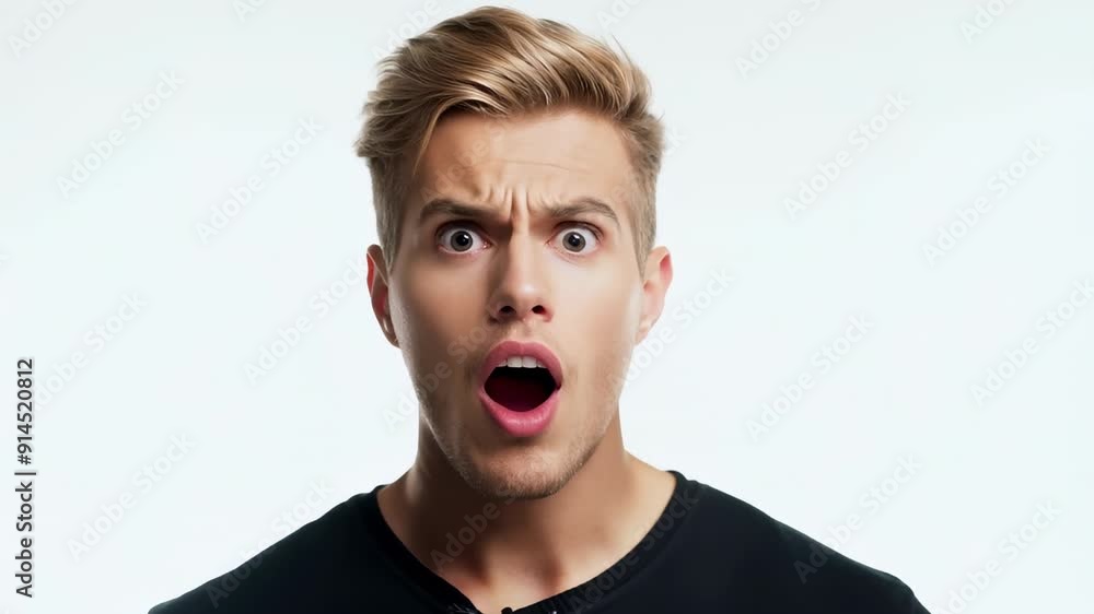 Close-up portrait of a young man with emotion expressing surprise. Close up studio style headshot. Mental health care concept. Video portrait Close-up portrait of a young man with emotion expressing surprise. Close up studio style headshot. Mental health care concept. Video portrait