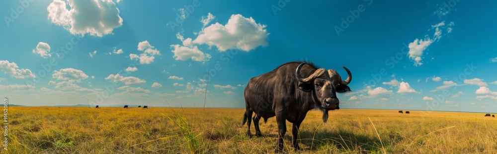 An African buffalo with huge horns grazes in the savannah An African buffalo with huge horns grazes in the savannah