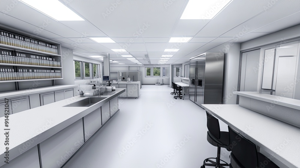 A clean and organized laboratory filled with equipment and supplies on white walls, providing a functional space for scientific research and experimentation A clean and organized laboratory filled with equipment and supplies on white walls, providing a functional space for scientific research and experimentation