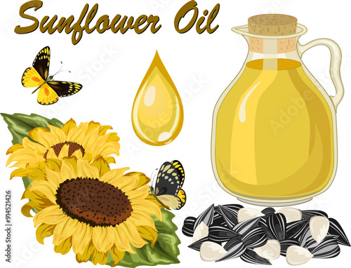 Color illustration with sunflower oil.Vector illustration with sunflower seeds and oil on a transparent background with text.