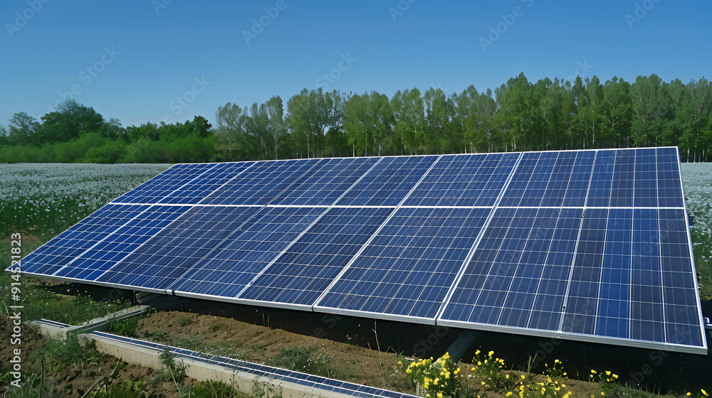 Group of solar panels installed in a beautiful green field. Concept renewable green energy. Alternative energy. Environment conservation. Group of solar panels installed in a beautiful green field. Concept renewable green energy. Alternative energy. Environment conservation.