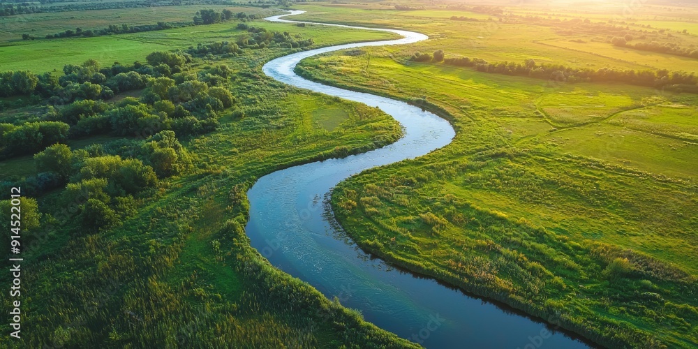 Drone Shot of Winding River and Green Pastures Generative AI Drone Shot of Winding River and Green Pastures Generative AI