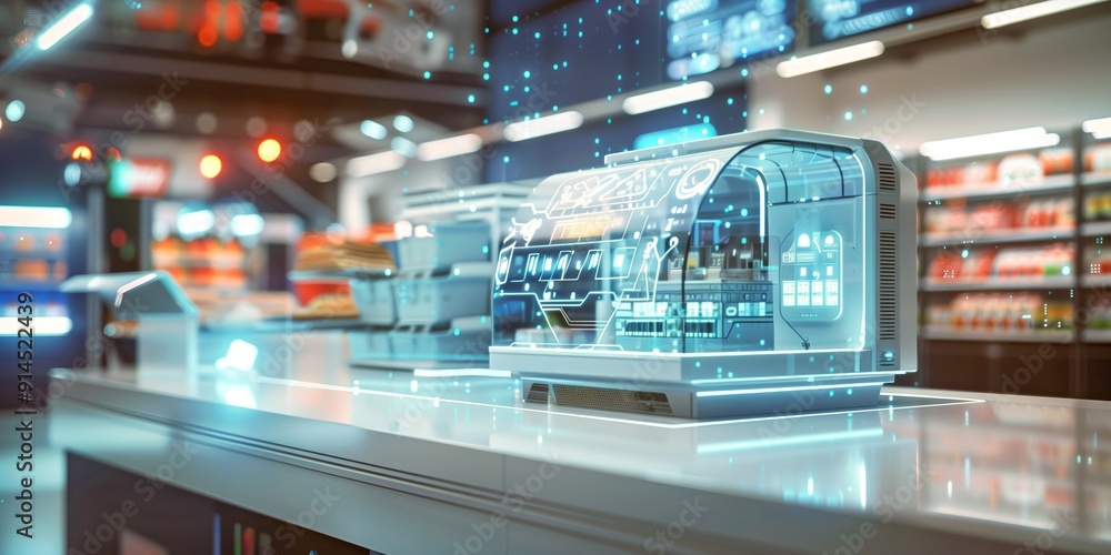 Innovative checkout counter with holographic display, modern and futuristic design in a supermarket setting.
Innovative checkout counter with holographic display, modern and futuristic design in a supermarket setting.