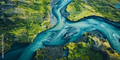 Aerial View of Glacial Rivers from Icelandic Glaciers, Natural Landscape Photography Generative AI