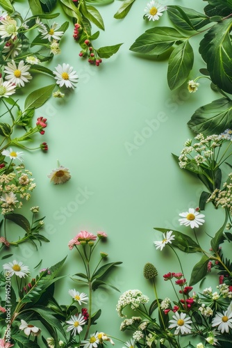 Green Floral Frame. Plants and Flowers