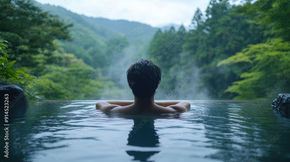 Fototapeta premium Serene Man Relaxing in Outdoor Onsen with Panoramic Nature View and Gentle Steam