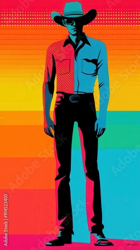 Retro Pop Art Cowboy Silhouette on Vibrant Rainbow Gradient Background