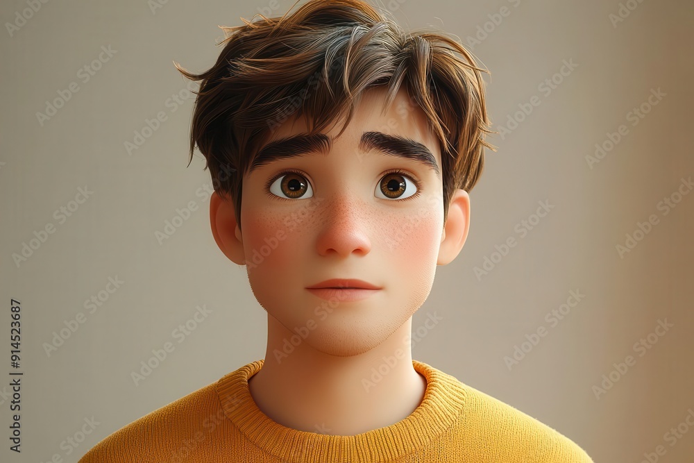 expressive 3d character young adult man in a yellow sweater with a thoughtful questioning expression stylized 3d design on a light background conveying doubt and contemplation expressive 3d character young adult man in a yellow sweater with a thoughtful questioning expression stylized 3d design on a light background conveying doubt and contemplation