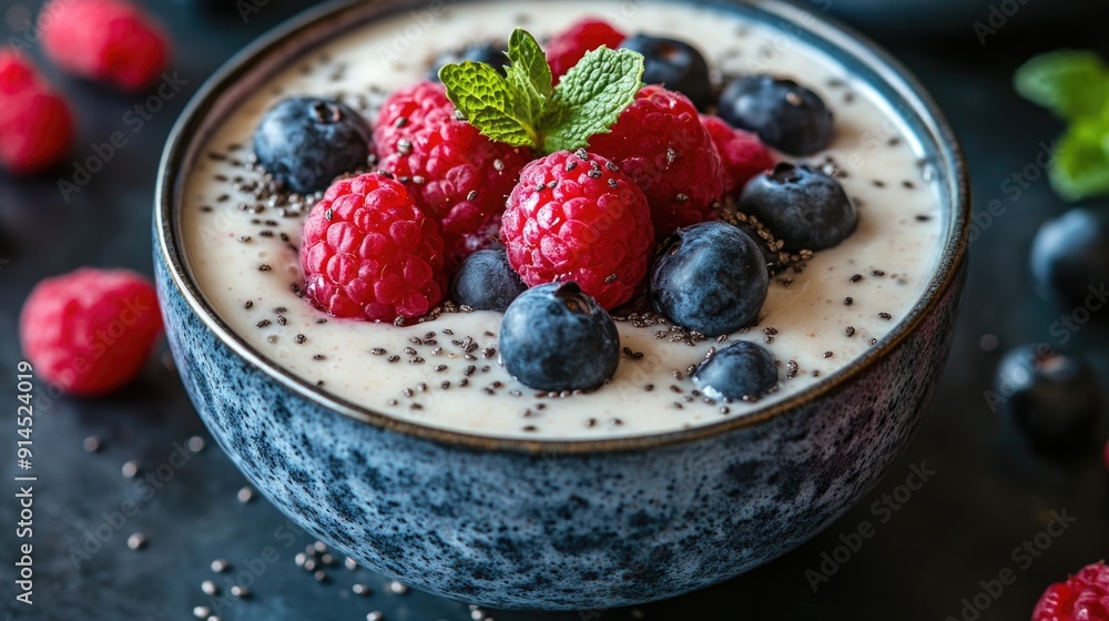 Healthy Almond Milk with Chia Seeds and Fresh Fruit, High Calcium Refreshing Beverage Healthy Almond Milk with Chia Seeds and Fresh Fruit, High Calcium Refreshing Beverage