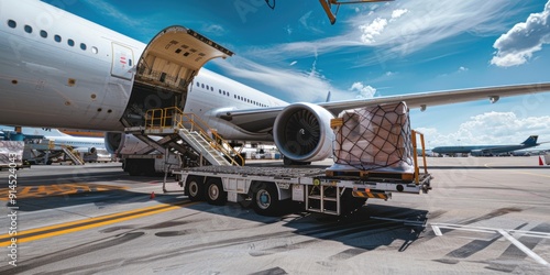 Air cargo plane logistic containers are loaded onto an airplane. Air transport shipments are prepared for loading to modern freighter jet aircraft at the airport.