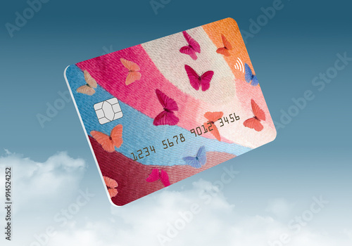 Butterflies decorate a generic credit card or debit card in a generative AI image about banking and finance.