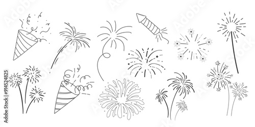 Fireworks and rocket, salute with burst, light and festive explosions in doodle style. Hand drawn sparks, firecracker on white background. Party, celebrations, event.