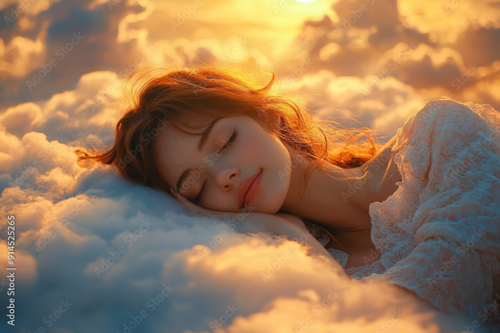 A Beautiful Woman Sleeping on a Cloud Above a Tranquil Landscape at Sunset. A Beautiful Woman Sleeping on a Cloud Above a Tranquil Landscape at Sunset.