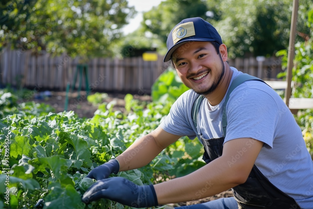 Young Man Smiling While Harvesting Fresh Vegetables In Community Garden During Sunny Day Young Man Smiling While Harvesting Fresh Vegetables In Community Garden During Sunny Day