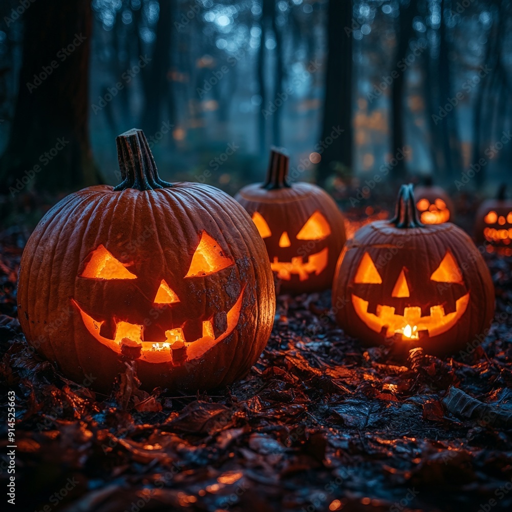Spooky Halloween Pumpkins in Foggy Night Forest Spooky Halloween Pumpkins in Foggy Night Forest