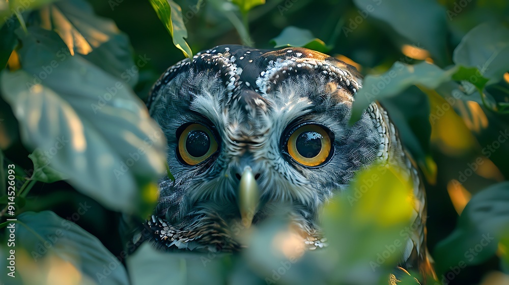 Secretive Barred Owl Strix varia camouflaged among dense foliage of temperate forest piercing yellow eyes peering out the shadows Secretive Barred Owl Strix varia camouflaged among dense foliage of temperate forest piercing yellow eyes peering out the shadows