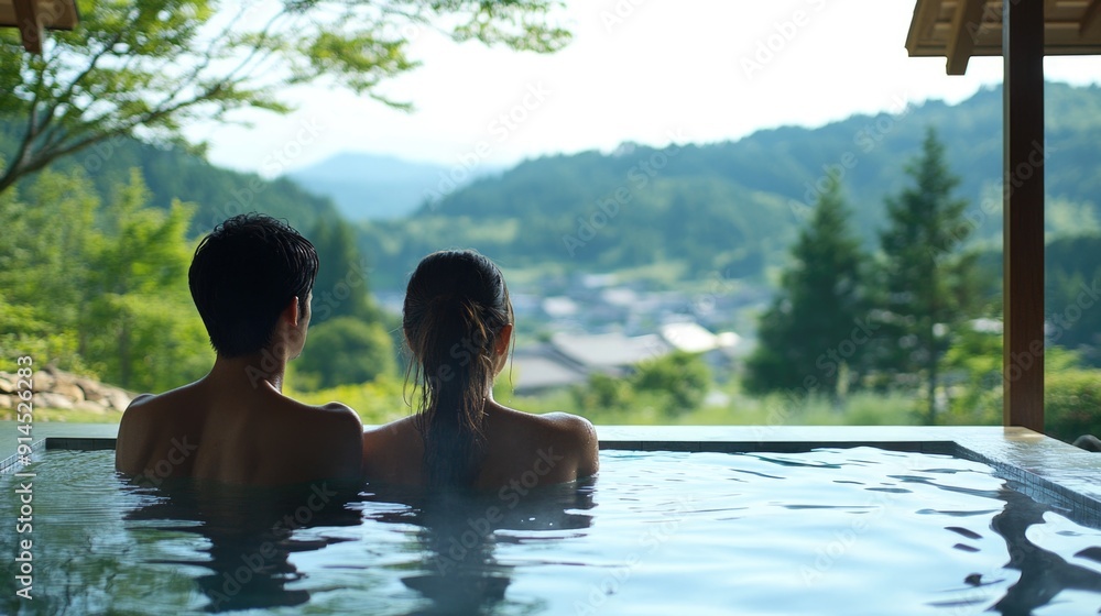 Tranquil Moment of Intimacy - Couple Relaxing in Private Onsen Overlooking Scenic View with Serene Atmosphere Tranquil Moment of Intimacy - Couple Relaxing in Private Onsen Overlooking Scenic View with Serene Atmosphere
