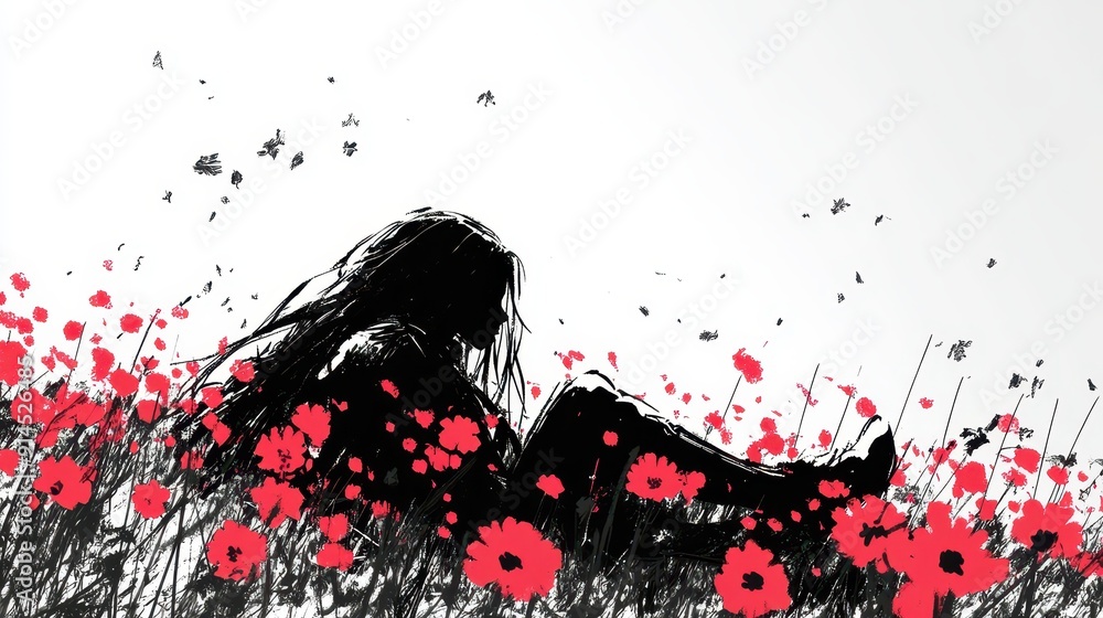 Silhouette of Woman Relaxing in Poppy Field with Blowing Hair and Flying Butterflies Silhouette of Woman Relaxing in Poppy Field with Blowing Hair and Flying Butterflies