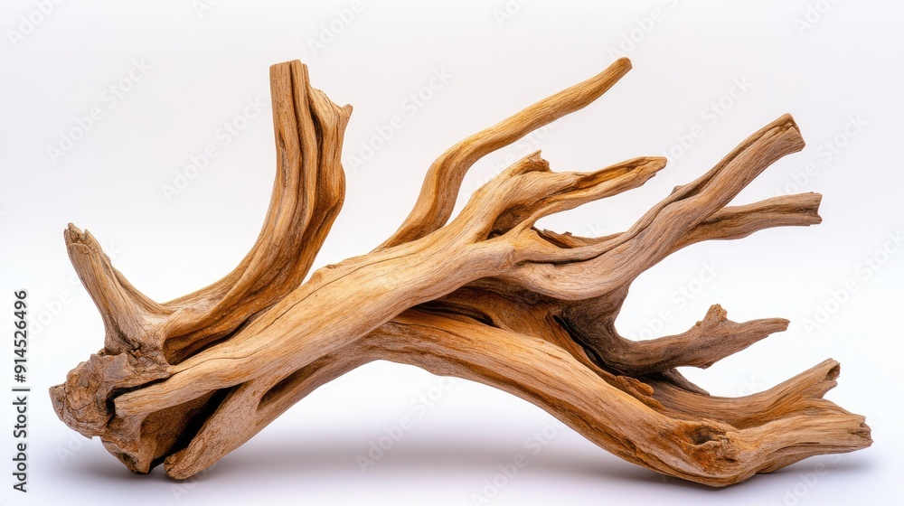 A beautifully detailed driftwood piece rests isolated on a white backdrop, highlighting its organic form and intricate textures A beautifully detailed driftwood piece rests isolated on a white backdrop, highlighting its organic form and intricate textures