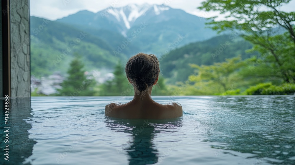 Serene Woman Relaxing in a Scenic Mountain Onsen Oasis Serene Woman Relaxing in a Scenic Mountain Onsen Oasis