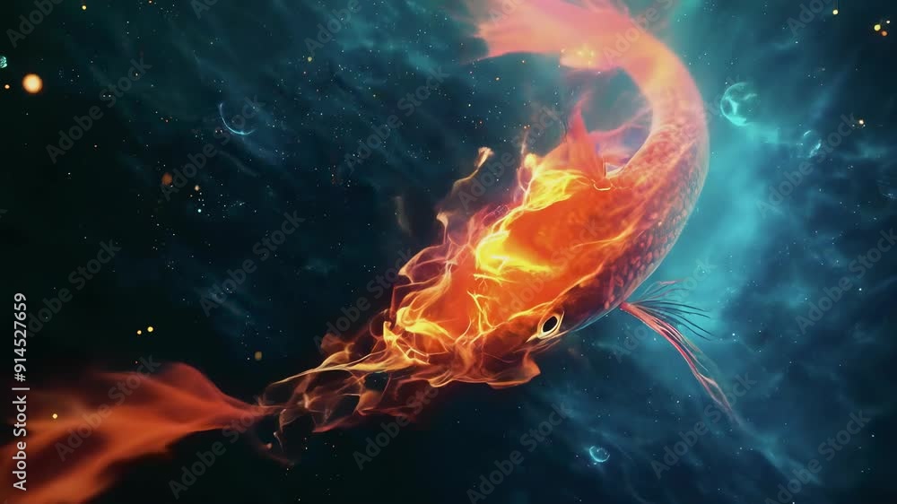 A mesmerizing fiery fish swims gracefully through a starry cosmic background. The ethereal scene captures the magnificent and otherworldly nature of this celestial marine creature, filling the frame A mesmerizing fiery fish swims gracefully through a starry cosmic background. The ethereal scene captures the magnificent and otherworldly nature of this celestial marine creature, filling the frame