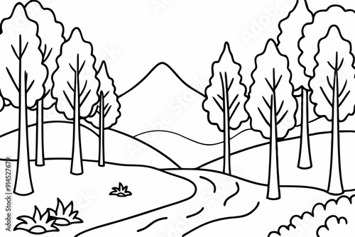 A serene forest clearing with a small stream line art vector illustration photo