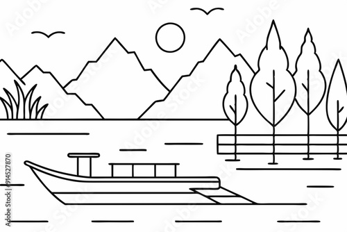 A serene forest clearing with a small stream line art vector illustration photo