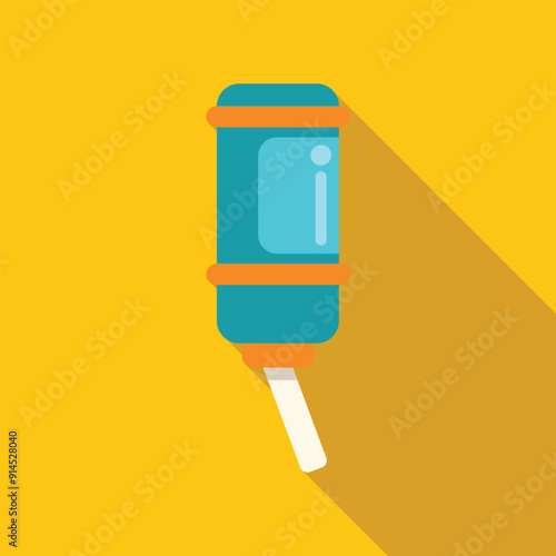 Rodent water bottle dispenser with metal spout hanging on yellow background, flat design style
