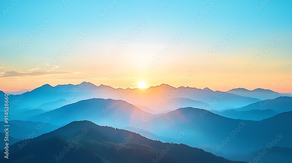 Fototapeta premium Golden sunrise paints misty mountain peaks with vibrant hues, casting long shadows through a tranquil valley