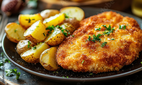 A delicious meal comprises a golden breaded schnitzel paired with perfectly roasted potatoes garnished with fresh herbs, invoking comfort food satisfaction. photo