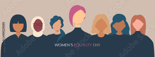 Women's Equality Day banner. Women of different ethnicities stand side by side together.