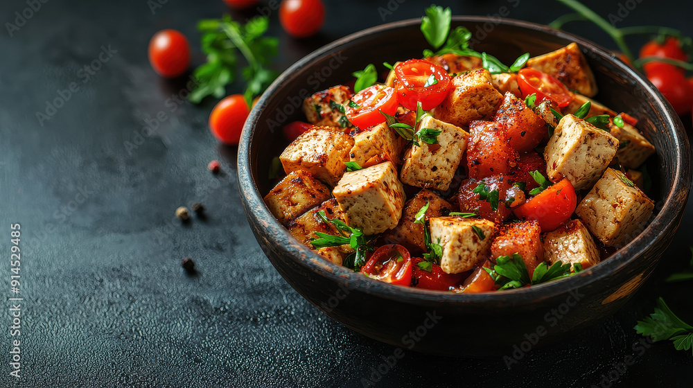 Delicious grilled tofu cubes mixed with cherry tomatoes and fresh herbs in a rustic dark bowl, perfect for a healthy and flavorful meal concept. Delicious grilled tofu cubes mixed with cherry tomatoes and fresh herbs in a rustic dark bowl, perfect for a healthy and flavorful meal concept.