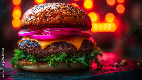 Juicy Cheeseburger with Onions and Lettuce on a Sesame Bun against Retro Neon Lights Background for Fast Food and Diner Themes photo