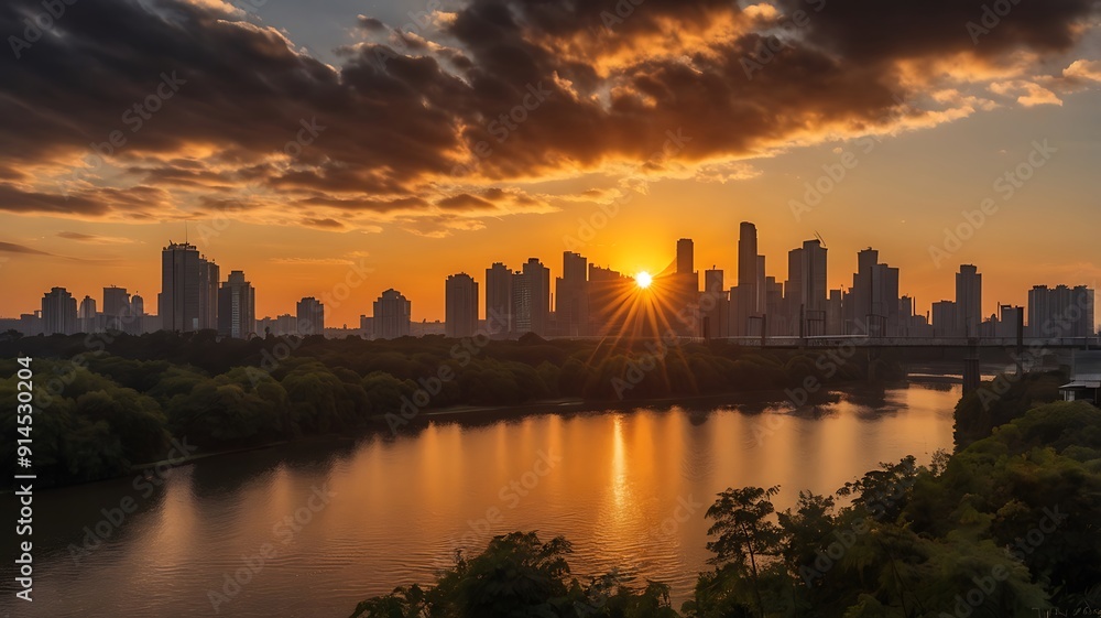 Obraz premium a city skyline at sunset. The image features a river in the foreground with lush green trees on both sides.