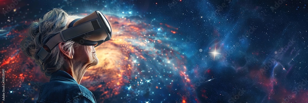 old woman wearing vr headset in space, copy space old woman wearing vr headset in space, copy space