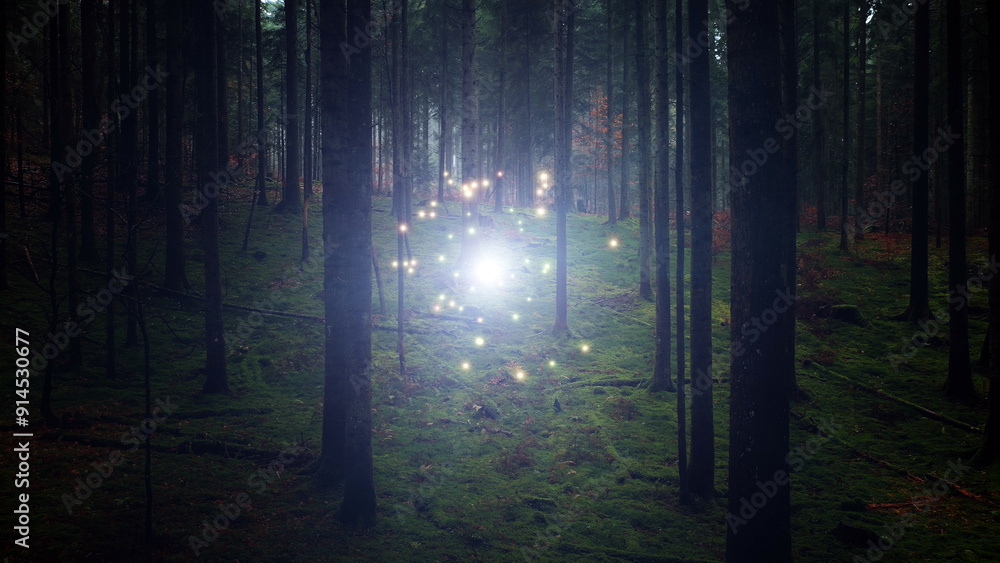 Fototapeta premium Fantasy dark dimmed forest with glowing light energy and fireflies. 