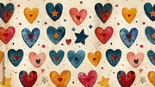 Colorful Embroidered Delight: Hearts and Stars on Light Cream Paper, Seamless Pattern