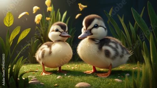 Charming concept art featuring adorable caricaturestyle ducklings and newly hatched ducklings photo