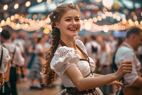 Oktoberfest waitress having fun and dancing at a beer festival event wearing a traditional costume photo