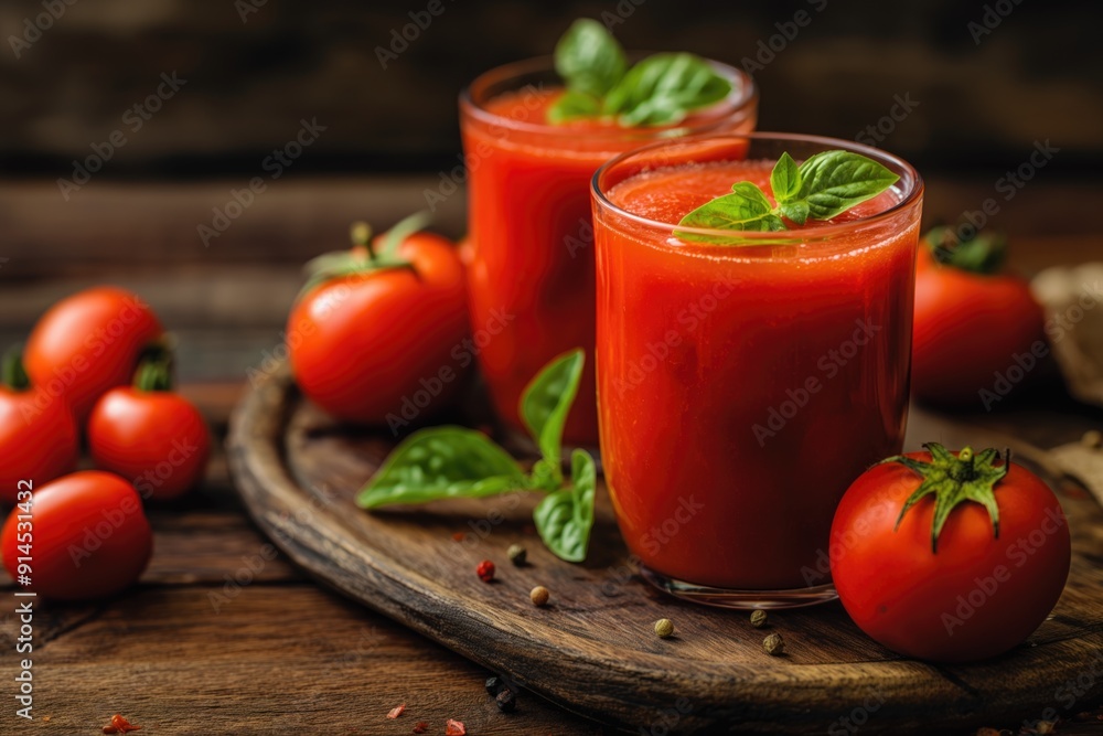 Tomatoes with a glass of tomato juice on a wooden background Tomatoes with a glass of tomato juice on a wooden background