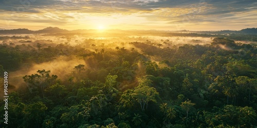 Dramatic Aerial View of Jungle at Sunrise for Travel or Nature Backgrounds Generative AI