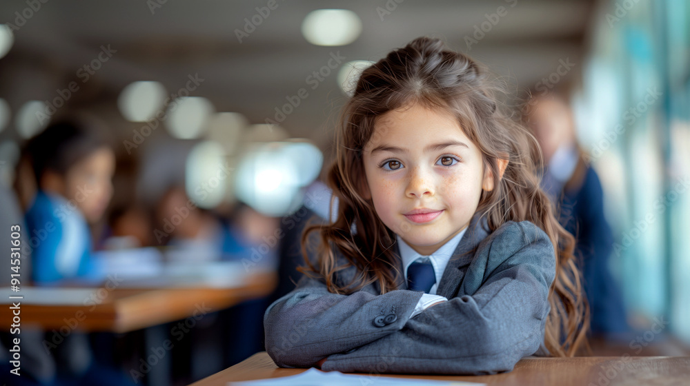Young Latina girl with long brown hair in a suit, sitting at a desk with a confident and curious expression in a classroom setting. Back to School

