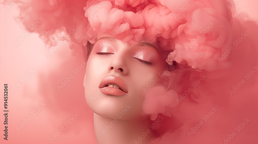 Dreamy Woman with Pink Smoke Surrounding Her Head Dreamy Woman with Pink Smoke Surrounding Her Head