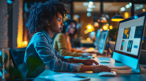 Focused Woman Working at Computer in Modern Office photo