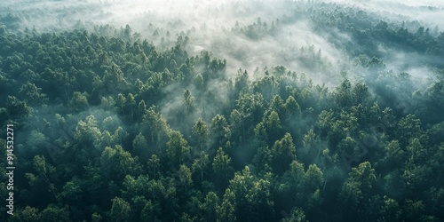 Misty Forest Landscape Viewed from Above Generative AI