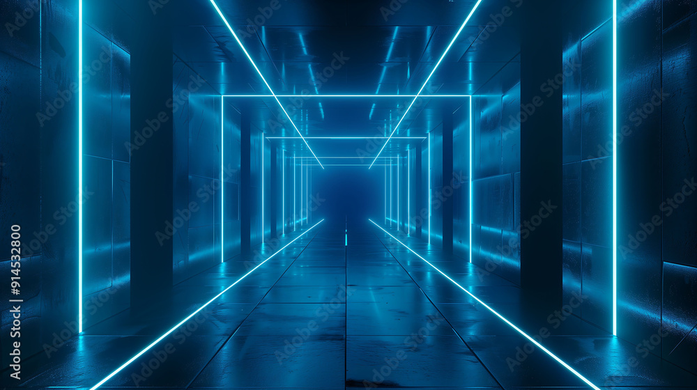 Futuristic Corridor with Glowing Blue Neon Lights Futuristic Corridor with Glowing Blue Neon Lights